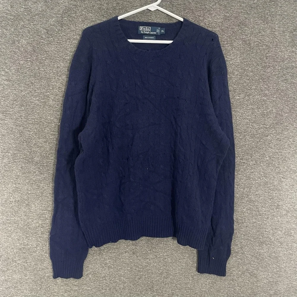 Polo By Ralph Lauren Sweater Mens XL Blue 100% Cashmere Cable Knit Pullover